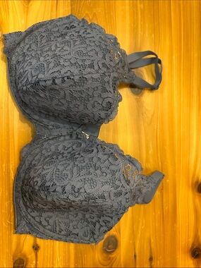 Lace Overlay Push-Up Bra in Dark Gray Blue 38DD